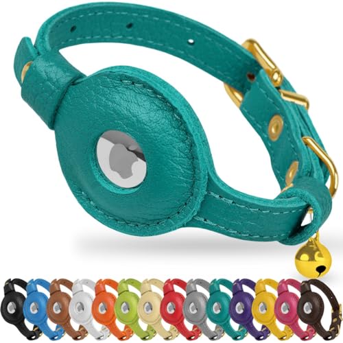 OOPSDOGGY AirTag-Katzenhalsband aus Leder mit Glöckchen, Nicht abreißbar, mit Apple Airtag-Halter, leichtes GPS-Haustierhalsband für Mädchen, Jungen, Katzen, kleine Hunde, Welpen (Aquamarin) von OOPSDOGGY