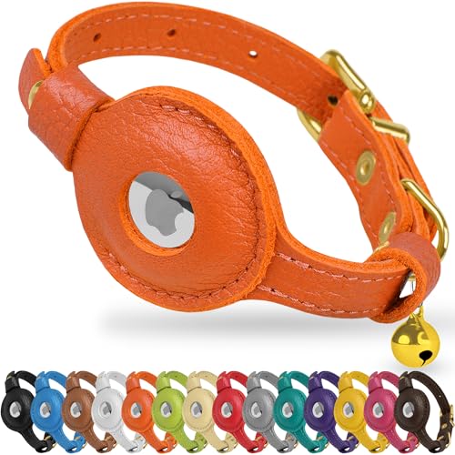 OOPSDOGGY AirTag-Katzenhalsband aus Leder mit Glöckchen, nicht abreißbar, mit Apple Airtag-Halter, leichtes GPS-Haustierhalsband für Mädchen, Jungen, Katzen, kleine Hunde, Welpen (Orange) von OOPSDOGGY