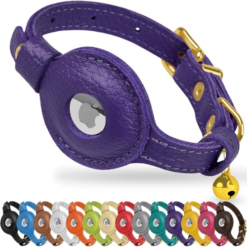 OOPSDOGGY AirTag-Katzenhalsband aus Leder mit Glöckchen, nicht abreißbar, mit Apple Airtag-Halter, leichtes GPS-Haustierhalsband für Mädchen, Jungen, Katzen, kleine Hunde, Welpen (Purple) von OOPSDOGGY