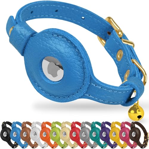 OOPSDOGGY AirTag-Katzenhalsband aus Leder mit Glöckchen, nicht abreißbar, mit Apple Airtag-Halter, leichtes GPS-Haustierhalsband für Mädchen, Jungen, Katzen, kleine Hunde, Welpen (Blue) von OOPSDOGGY