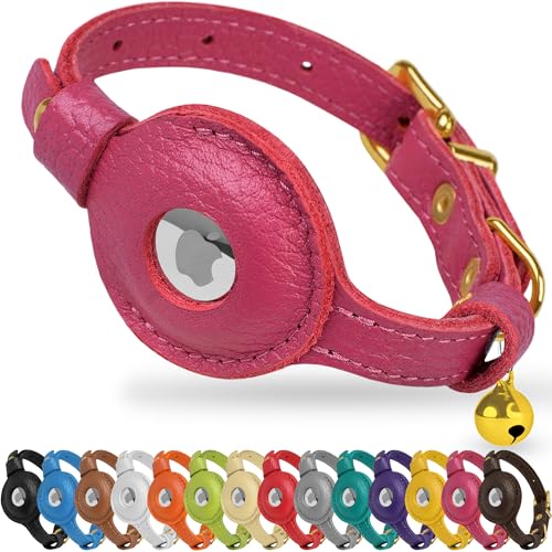 OOPSDOGGY AirTag-Katzenhalsband aus Leder mit Glöckchen, nicht abreißbar, mit Apple Airtag-Halter, leichtes GPS-Haustierhalsband für Mädchen, Jungen, Katzen, kleine Hunde, Welpen (Pink) von OOPSDOGGY