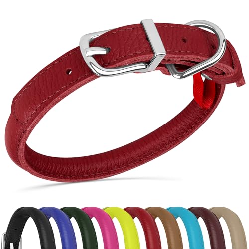 OOPSDOGGY Hundehalsband aus gerolltem Leder, weich, für kleine, mittelgroße und große Hunde, Welpen, Rot, Größe XXS, 17,8 - 22,9 cm von OOPSDOGGY