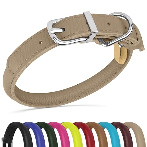 OOPSDOGGY Hundehalsband aus gerolltem Leder, weich, für kleine, mittelgroße und große Hunde, Welpen (Beige, L, 35,6 - 45,7 cm) von OOPSDOGGY