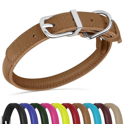 OOPSDOGGY Hundehalsband aus gerolltem Leder, weich, für kleine, mittelgroße und große Hunde, Welpen (Braun, Größe S, 25,4 - 33 cm) von OOPSDOGGY