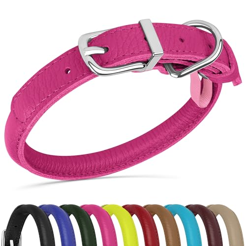 OOPSDOGGY Hundehalsband aus gerolltem Leder, weich, für kleine, mittelgroße und große Hunde, Welpen (Rosa, Größe S, 25,4 - 33 cm) von OOPSDOGGY