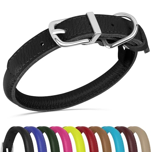 OOPSDOGGY Hundehalsband aus gerolltem Leder, weich, für kleine, mittelgroße und große Hunde, Welpen (Schwarz, L, 35,6 - 45,7 cm) von OOPSDOGGY