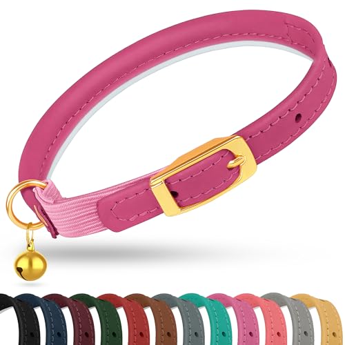 OOPSDOGGY Katzenhalsband aus gerolltem Leder mit Glöckchen – reflektierendes Kätzchenhalsband mit Sicherheitsgummi – verstellbare kleine Haustierhalsbänder für Jungen, Mädchen, Katzen (Fuchsia) von OOPSDOGGY