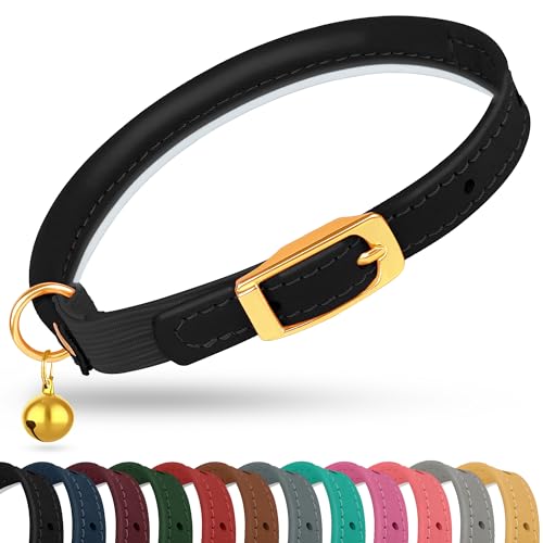 OOPSDOGGY Katzenhalsband aus gerolltem Leder mit Glöckchen – reflektierendes Kätzchenhalsband mit Sicherheitsgummi – verstellbare kleine Haustierhalsbänder für Jungen, Mädchen, Katzen (schwarz) von OOPSDOGGY