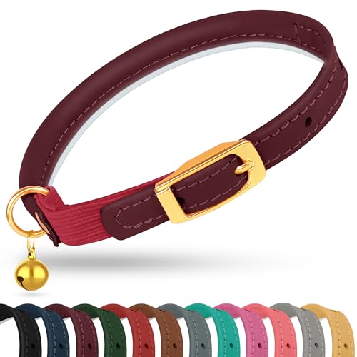 OOPSDOGGY Katzenhalsband aus gerolltem Leder mit Glöckchen – reflektierendes Kätzchenhalsband mit Sicherheitsgummiband – verstellbare kleine Haustierhalsbänder für Jungen, Mädchen, Katzen von OOPSDOGGY