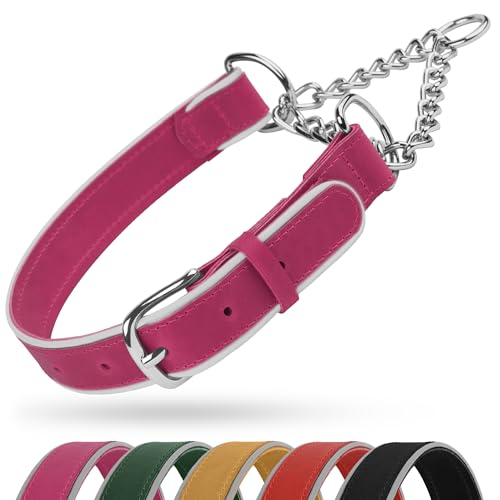 OOPSDOGGY Reflektierendes Martingale-Hundehalsband aus Leder, verstellbar, kein Ziehen, Edelstahlkette, Trainingshalsband für kleine (Rosa, Größe L, 45,7-57,1) von OOPSDOGGY