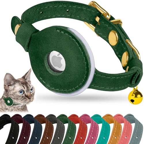 OOPSDOGGY Reflektierendes AirTag-Katzenhalsband aus Leder mit Glöckchen, nicht abreißbar, verstellbares Haustierhalsband mit Apple Airtag-Halter, leichtes GPS-Kätzchen-Halsband für kleine Hunde, von OOPSDOGGY