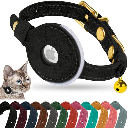 OOPSDOGGY Reflektierendes AirTag-Katzenhalsband aus Leder mit Glöckchen, nicht abreißbar, verstellbares Haustierhalsband mit Apple Airtag-Halter, leichtes GPS-Kätzchen-Halsband für kleine Hunde, von OOPSDOGGY