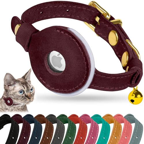 OOPSDOGGY Reflektierendes AirTag-Katzenhalsband aus Leder mit Glöckchen, nicht abreißbar, verstellbares Haustierhalsband mit Apple Airtag-Halter, leichtes GPS-Kätzchen-Halsband für kleine Hunde, von OOPSDOGGY