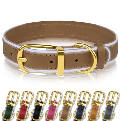 OOPSDOGGY Reflective Genuine Leather Dog Collars Soft Padded Collars for Small Medium Large Puppy 4 Sizes 8 Colors (Braun, 38,1-48,3 cm) von OOPSDOGGY