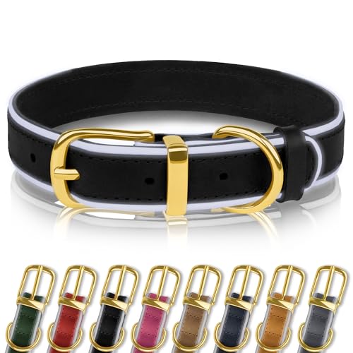 OOPSDOGGY Reflective Genuine Leather Dog Collars Soft Padded Collars for Small Medium Large Puppy 4 Sizes 8 Colors (Schwarz, 48,3-61 cm) von OOPSDOGGY