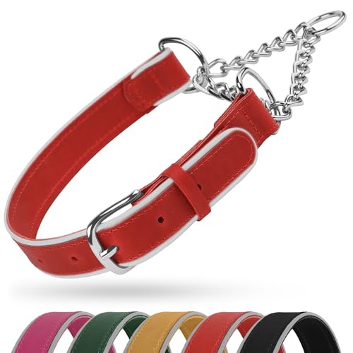 OOPSDOGGY Reflektierendes Martingale-Hundehalsband aus Leder, verstellbar, kein Ziehen, Edelstahlkette, Trainingshalsband für kleine (Rot, Größe M, 38,1-48,3) von OOPSDOGGY