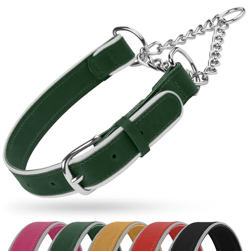 OOPSDOGGY Reflektierendes Martingale-Hundehalsband aus Leder, verstellbar, kein Ziehen, Edelstahlkette, Trainingshalsband für kleine (Grün, Größe L, 45,7-57,1) von OOPSDOGGY