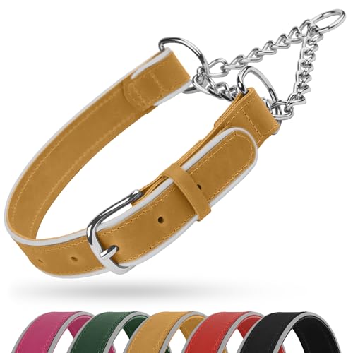 OOPSDOGGY Reflektierendes Martingale-Hundehalsband aus Leder, verstellbar, kein Ziehen, Edelstahlkette, Trainingshalsband für kleine (Kamel, Größe M, 38,1-48,3) von OOPSDOGGY