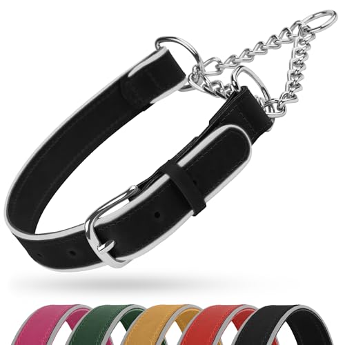 OOPSDOGGY Reflektierendes Martingale-Hundehalsband aus Leder, verstellbar, kein Ziehen, Edelstahlkette, Trainingshalsband für kleine, mittelgroße und große Hunde, Welpen (Schwarz, Größe L, 45,7 - 57,1 von OOPSDOGGY