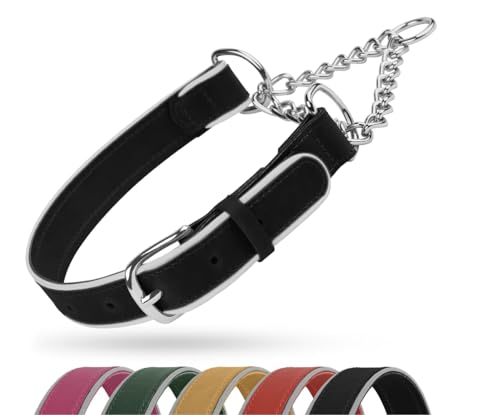 OOPSDOGGY Reflektierendes Martingale-Hundehalsband aus Leder, verstellbar, kein Ziehen, Edelstahlkette, Trainingshalsband für kleine (Schwarz, Größe L, 45,7-57,1) von OOPSDOGGY