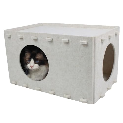 OOZAZEMM Katzenbett für Hauskatzen, Katzenhaus für große und mehrere Katzen, Kratzfestigkeit, Katzenbetthöhle, Katzenbetten und Möbel, Peekaboo Katzenversteck 55,9 x 36,1 x 30,5 cm, Creme von OOZAZEMM