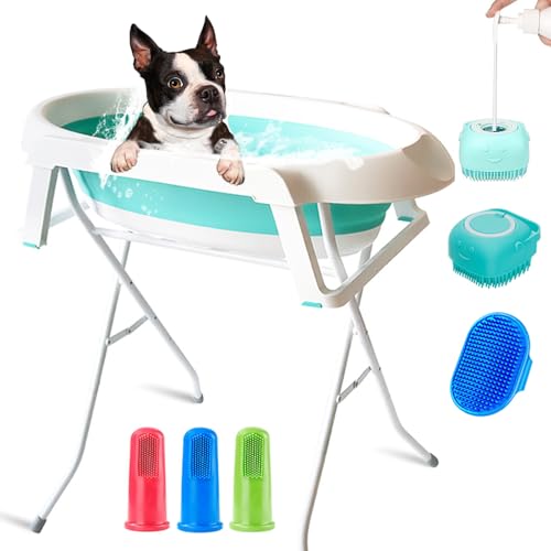 OPEYATOYS Tragbare Hundebadewanne, Hundewaschstation, faltbar, Haustier-Badewanne, Fellpflege-Waschstation mit Abflussrohr, Welpendusche, Waschwanne für kleine und mittelgroße Haustiere, drinnen und von OPEYATOYS