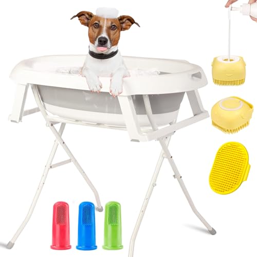 OPEYATOYS Tragbare Hundebadewanne, Hundewaschstation, faltbar, Haustier-Badewanne, Fellpflege-Waschstation mit Abflussrohr, Welpendusche, Waschwanne für kleine und mittelgroße Haustiere, drinnen und von OPEYATOYS