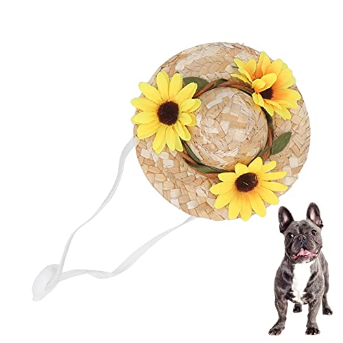 OPPWONG Hundehut, Mini-Strohhut, Lustige Mexikanische Sombrero-Kappe, Partydekoration, Hunde-Propellerhut, Katzenhut, Haustier-Sonnenkappe mit Blumen für Kleine und Mittelgroße (Yellow S) von OPPWONG