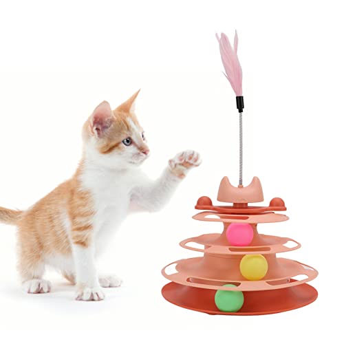 OPPWONG Katzenballbahn, 4 Ebenen, Interaktives Kätzchen-Laufrad, Übungsspielzeug, Katzenballturm, Katzenspielzeug für Katzen Im Innenbereich, Drehteller, Katzenspielzeugbälle mit (PINK) von OPPWONG