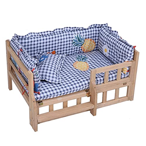 OQOPO Hundebett aus Holz Erhöhtes Hundebett aus Holz mit Zaun und Treppe. Haustierbett mit Massivholzbrett und waschbarer weicher Mattenhütte für kleine Hunde und Katzen Erhöhtes Hundebett von OQOPO