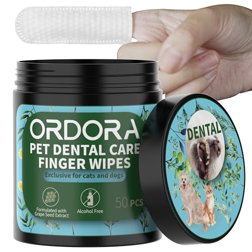 ORDORA PET Zahnreinigungstücher für Hunde & Katzen, Hundezahnreinigung Fingertücher – Hundezahnbürsten-Kit Dentaltücher – Reduziert Plaque & erfrischt den Atem (50 Stück) von ORDORA