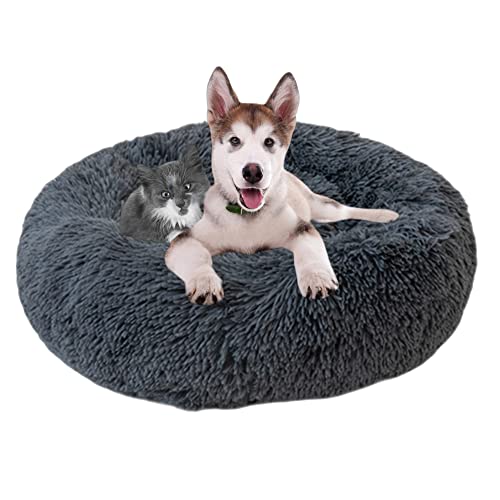 Beruhigendes Hundebett, waschbar, Donut-Haustierbett für Katzen, rundes Haustierkissen, Welpen-Hundebetten für den Innenbereich, rutschfestes Welpen-Kätzchen-Kuschelbett, 100 cm, Dunkelgrau von OREAMY