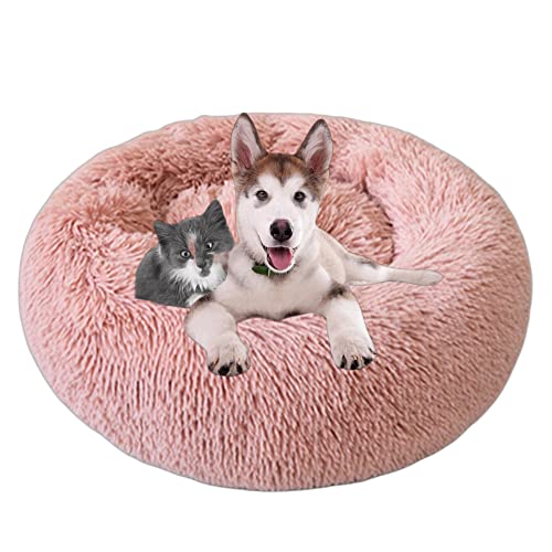 Beruhigendes Hundebett, waschbar, Donut-Haustierbett für Katzen, rundes Haustierkissen, Welpen-Hundebetten für den Innenbereich, rutschfestes Welpen-Kätzchen-Kuschelbett, 100 cm, Rosa von OREAMY