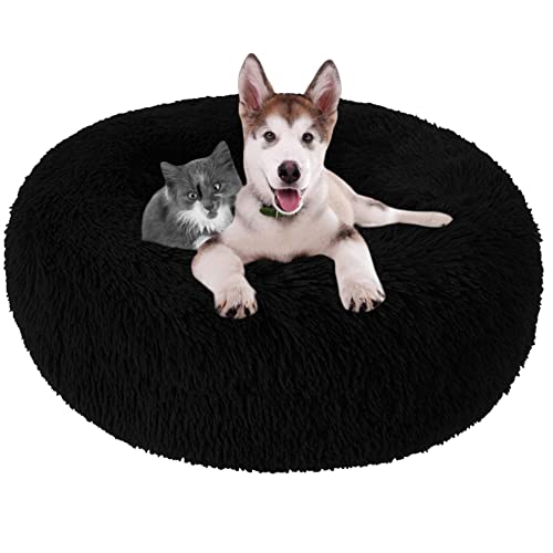 Beruhigendes Hundebett, waschbar, Donut-Haustierbett für Katzen, rundes Haustierkissen, Welpensofa, Hundebetten für den Innenbereich, rutschfest, für Welpen, Kätzchen, Kuschelbett, 100 cm, Schwarz von OREAMY