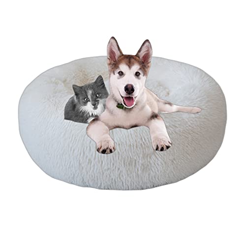 Beruhigendes Hundebett, waschbar, Donut-Haustierbett für Katzen, rundes Haustierkissen, Welpensofa, Hundebetten für den Innenbereich, rutschfest, für Welpen, Kätzchen, Kuschelbett, 140 cm, Weiß von OREAMY