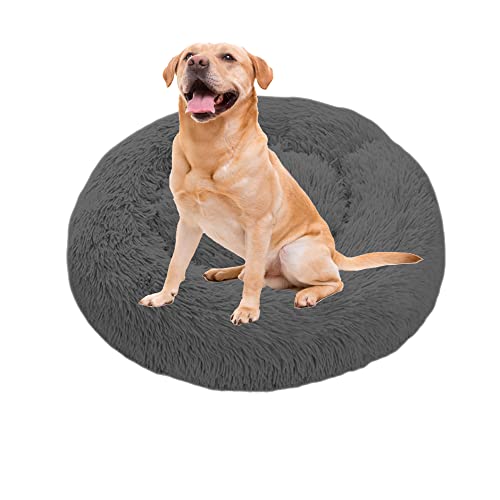 Donut-Hundebett, großes Hunde- und Katzenbett, Plüsch-Donut-Kuschelbett mit rutschfester Unterseite, rundes, beruhigendes Haustierbett, waschbar, Katzenkissen, Bett, Welpenhütte, Schlafsack, 100 cm, Dunkelgrau von OREAMY