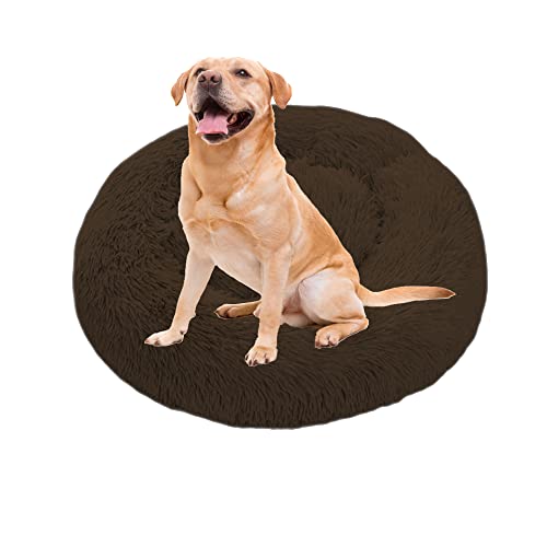 Donut-Hundebett, großes Hunde- und Katzenbett, Plüsch-Donut-Kuschelbett mit rutschfester Unterseite, rundes, beruhigendes Haustierbett, waschbar, Katzenkissen, Bett, Welpenhütte, Schlafsack, 120 cm, Braun von OREAMY