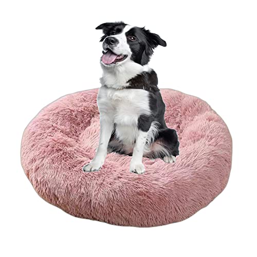 Große Hundebetten 70/90/120/140/160 cm Angst Donut Hundebett Matratze Katzenbett Weiches Warm Plüsch Haustier Kissen Fluff Haustier Nest Beruhigende Haustierbetten für mittelgroße/große Hunde, XL-140 x 140 x 20 cm, Rosa von OREAMY