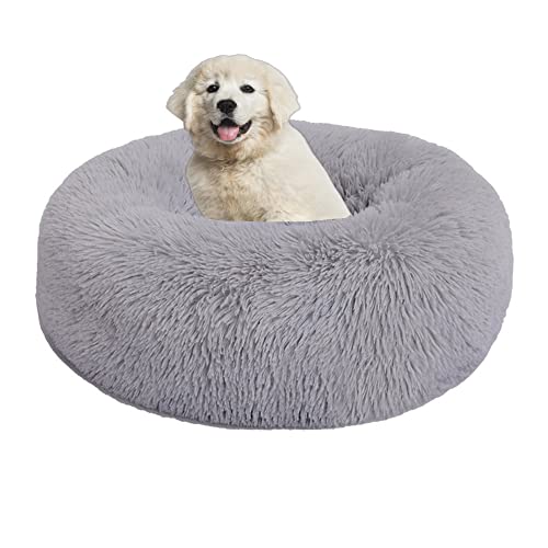 Hundebetten für kleine/mittelgroße/große Hunde mit rutschfester Unterseite, 20 cm hoch, beruhigend, großes Haustierbett, Plüsch-Welpen-Katzenbett, flauschig, kuschelig, maschinenwaschbar, 40 cm, Hellgrau von OREAMY