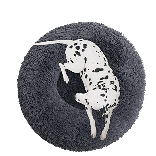 Rundes Plüsch-Hundebett für Katzen, beruhigendes Donut-Kuschelbett, weiches, flauschiges Katzensofakissen, Kätzchen, Welpen, Kissen, rundes Haustierbett für kleine/mittelgroße/große Hunde, 90 cm, Dunkelgrau von OREAMY