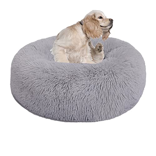 Rundes beruhigendes Hundebett, Katzenbett, Matratze, Welpen, Kätzchen, Kuschelbett, extra großes Hundekissen, Sofa, warmes Plüsch-Haustierbett, Haustiernest mit rutschfester Unterseite, 100 cm, Hellgrau von OREAMY