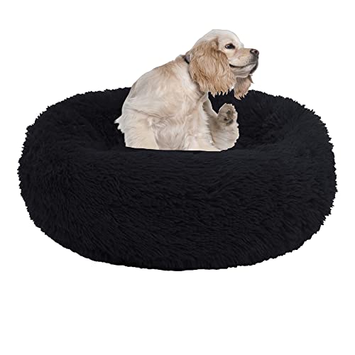 Rundes beruhigendes Hundebett, Katzenbett, Matratze, Welpen, Kätzchen, Kuschelbett, extra großes Hundekissen, Sofa, warmes Plüsch-Haustierbett, Haustiernest mit rutschfester Unterseite, 100 cm, Schwarz von OREAMY