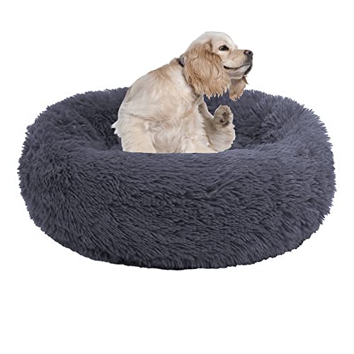 Rundes beruhigendes Hundebett, Katzenbett, Matratze, Welpen, Kätzchen, Kuschelbett, extra großes Hundekissen, Sofa, warmes Plüsch-Haustierbett, Haustiernest mit rutschfester Unterseite, 70 cm, Dunkelgrau von OREAMY