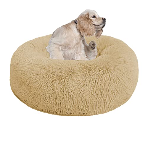 Rundes beruhigendes Hundebett, Katzenbett, Matratze, Welpen, Kätzchen, Kuschelbett, extra großes Hundekissen, Sofa, warmes Plüsch-Haustierbett, Haustiernest mit rutschfester Unterseite, 70 cm, Hellgelb von OREAMY