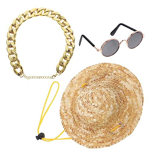 ORFOFE 3st Strohhut Für Haustiere Mini Sonnenbrille Und Hut Für Haustiere Haustier-Fiesta-Partyhut Partyhüte Für Katzen Sommer-Haustier-hundekostüm Hund Sonnenbrille Welpe Goldkette von ORFOFE