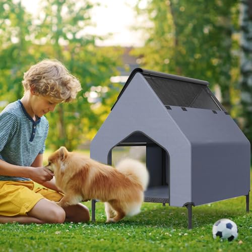 ORHEYA 2 in 1 Erhöhte Hundehütte & Outdoor Hundeliege mit wetterfestem Stoff, strapazierfähigem Oxford-Material & Mesh-Fenster, Hundezelt bis 60 kg, für Innen- und Außenbereiche, 109.5 x 74.5 x 93 cm von ORHEYA