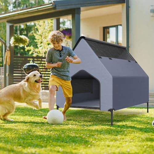 ORHEYA 2 in 1 Erhöhte Hundehütte & Outdoor Hundeliege mit wetterfestem Stoff, strapazierfähigem Oxford-Material & Mesh-Fenster, Hundezelt bis 80 kg, für Innen- und Außenbereiche, 130 x 84 x 104 cm von ORHEYA