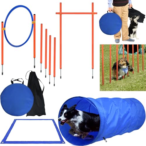 ORHEYA Agility Set Hunde Agility Ausrüstungs Set für Hunde Hindernisse mit Hundetunnel, Slalomstangen Höhenverstellbar, Tragetasche für Hundetraining und Hundesport von ORHEYA