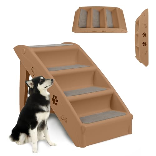 ORHEYA Hundetreppe für Kleine Hunde, Haustiertreppe 4 Stufen Katzentreppe für Alte Katzen, Kunststoff Faltbare Hundetreppe für Bett 50cm Hoch, Belastbarkeit bis zu 75kg Braun von ORHEYA