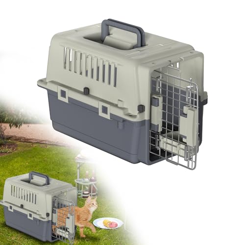 ORHEYA Katzentransportbox Hundebox Hundetransportbox 49,5x33,5x36 cm, Transportbox für Haustiere Flugzeugbox mit Metalltür, Reisebox mit Schale, geeignet für Flugzeug Auto Reise, bis 5 kg von ORHEYA